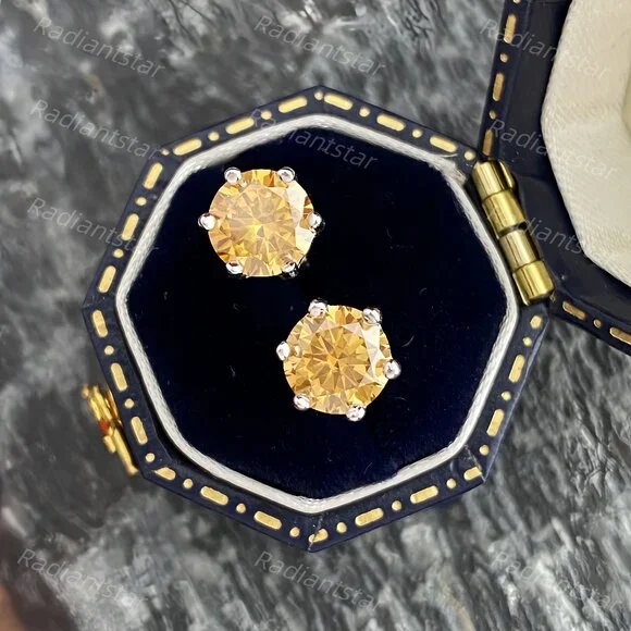 NEW Certified 2ct. t.w. Champagne Moissanite 6 Prone Solitaire Stud Earrings